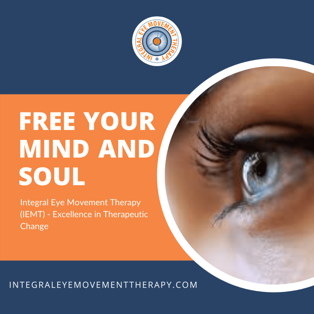 Close up of a blue eye on the right side, with text on the left reading Free Your Mind and Soul and information about...
