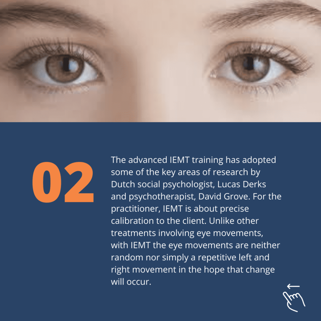 A close up of a person's eyes above a blue section with text about IEMT training for trauma and PTSD, featuring a large...