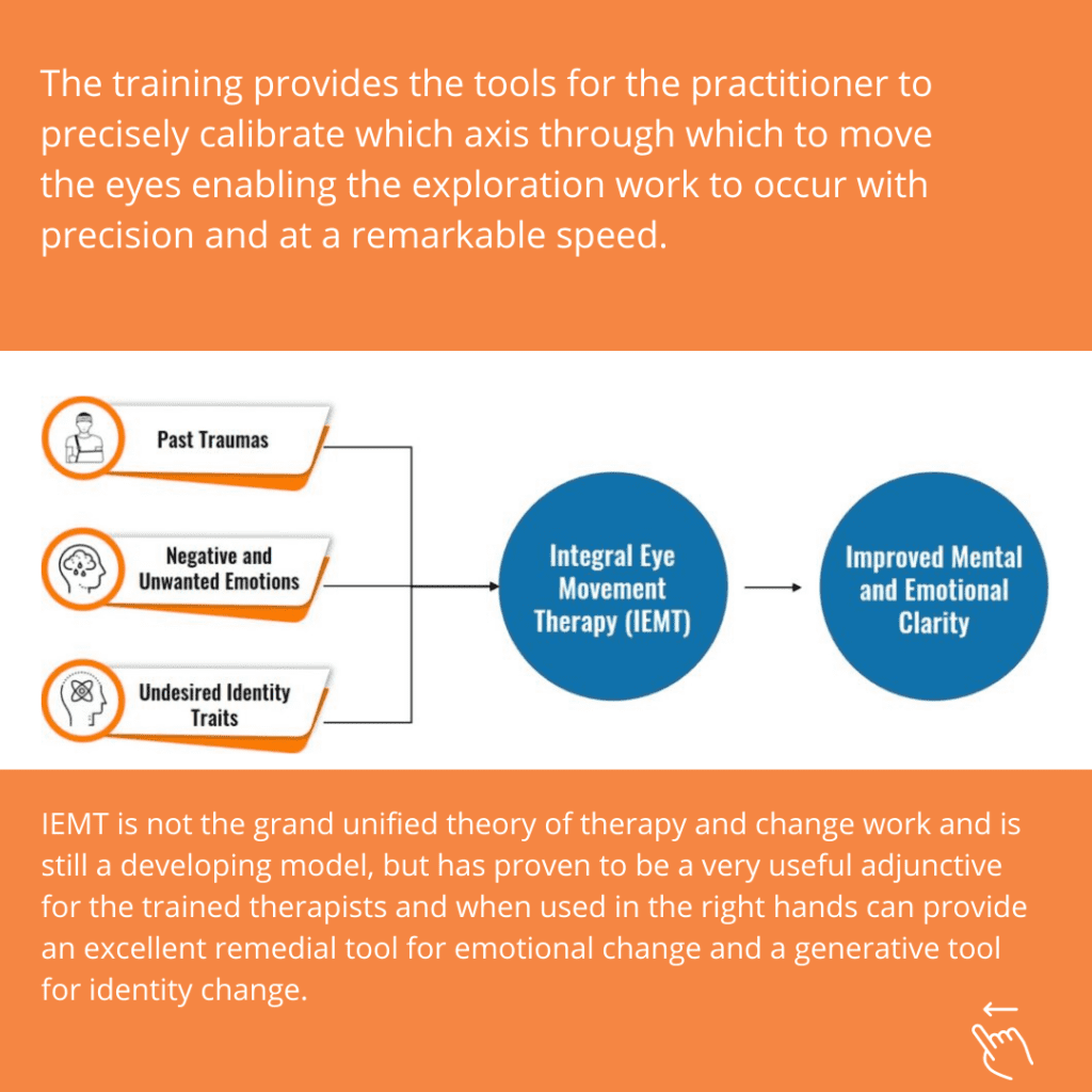 An infographic explains IEMT, showing a flow from Trauma, Negative and Unwanted Emotions, and Undesired Identity Traits...