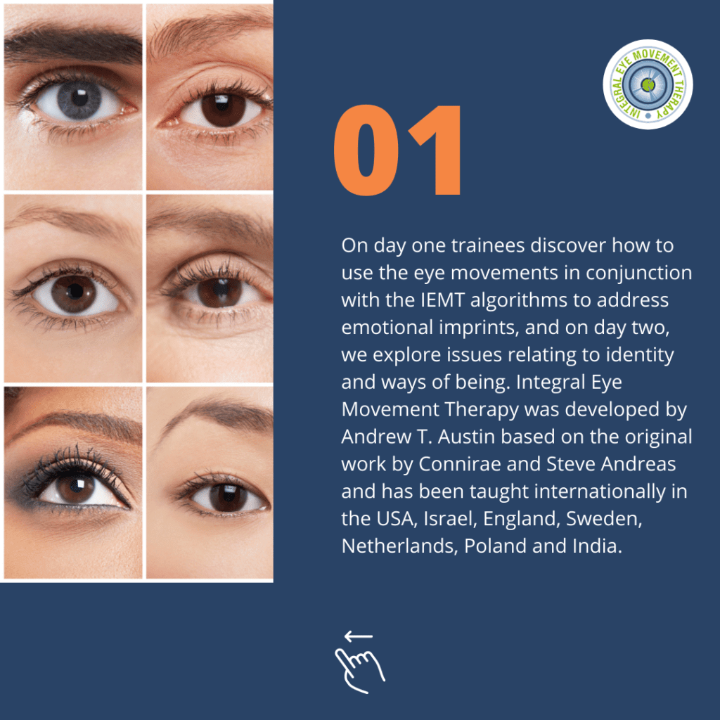A grid of six diverse eyes is shown on the left. On the right, text describes day one of Integral Eye Movement Therapy...
