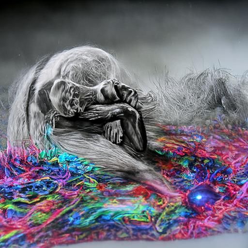 A greyscale figure curled up in a foetal position rests on a bright, swirling, multicoloured surface, with abstract textures and wisps evoking the surreal, emotional landscape of trauma and PTSD.