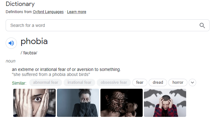 Screenshot of a dictionary definition for phobia, showing the pronunciation, meaning, and example sentence. Below are...