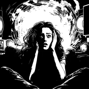 A black and white illustration of a frightened woman, possibly coping with PTSD or trauma, sits with her hands on her head, wide-eyed, surrounded by large loudspeakers and a swirling, intense light behind her.
