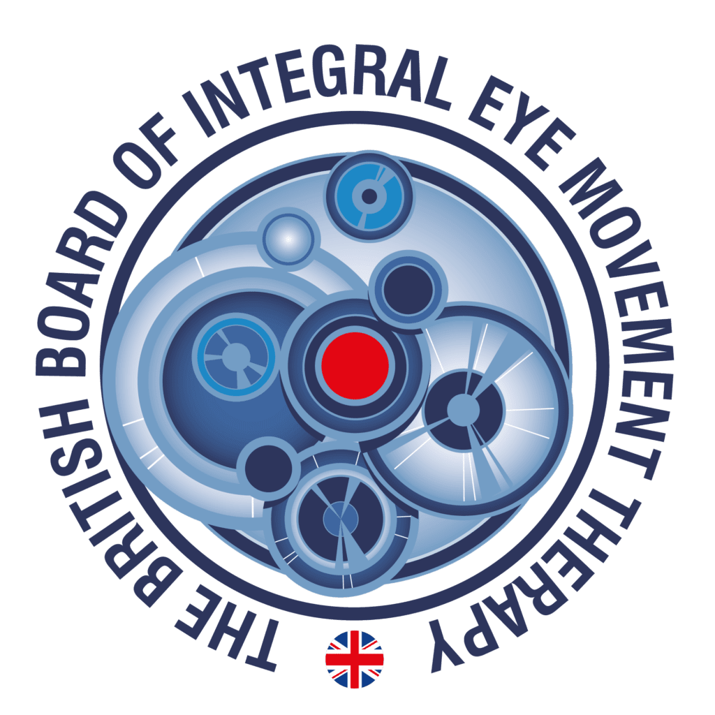 A circular logo with blue overlapping cogs and a red centre, symbolising EMDR and trauma recovery. It is surrounded by...