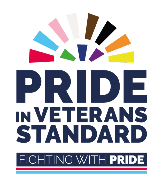 Logo featuring rainbow coloured segments above the text PRIDE IN VETERANS STANDARD. Below, a navy banner reads FIGHTING...