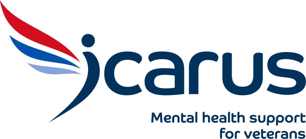 Logo for Icarus, featuring a stylised figure with red, blue, and light blue wings. Text reads “Icarus Mental health...