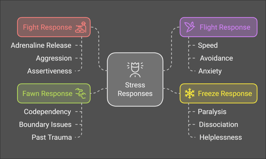 A diagram of stress responses—Fight (adrenaline, aggression), Flight (speed, anxiety), Fawn (codependency, past trauma),...