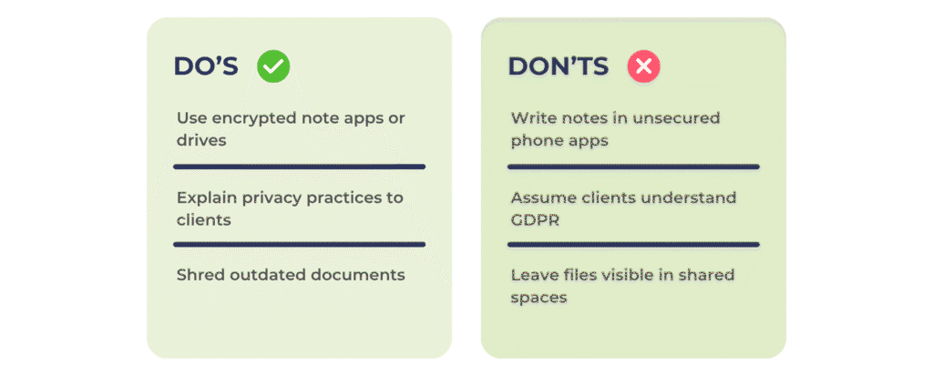 A chart with two columns: Do’s with a green tick lists using encrypted note apps for EMDR or PTSD records, explaining privacy practices, and shredding old trauma-related documents; Don’ts with a red cross lists using unsecured apps and leaving files visible.