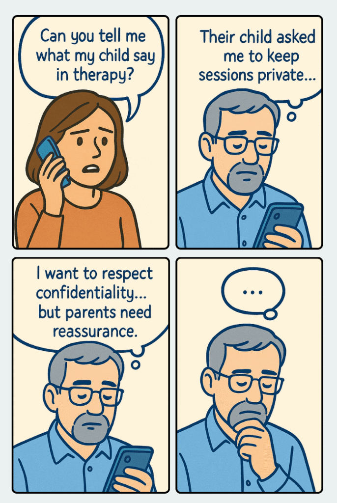 A worried mother on the phone asks a male therapist what her child says in therapy. The therapist, specialising in trauma and EMDR, reads a message on his phone, looks concerned, and debates respecting confidentiality versus reassuring parents.