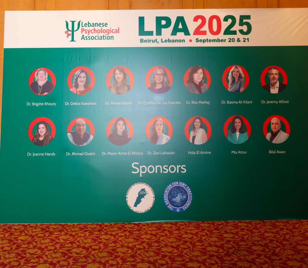A conference banner for the Lebanese Psychological Association LPA 2025 spotlights trauma and PTSD, featuring headshots...