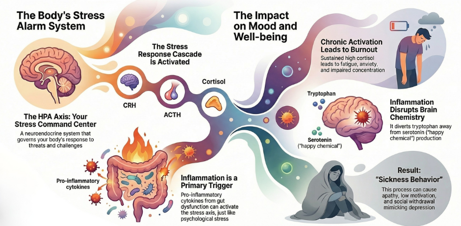 HPA Dibo Infographic showing how the body’s stress alarm system, often activated by trauma or PTSD, triggers inflammation and alters brain chemistry—leading to mood changes, burnout, and “sickness behaviour,” illustrated with abstract graphics and a person sitting with head down.