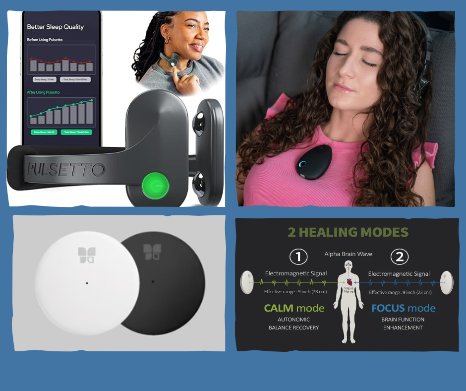 Collage showing a sleep quality graph, a woman wearing a neck device, another relaxing with a similar device, two round...