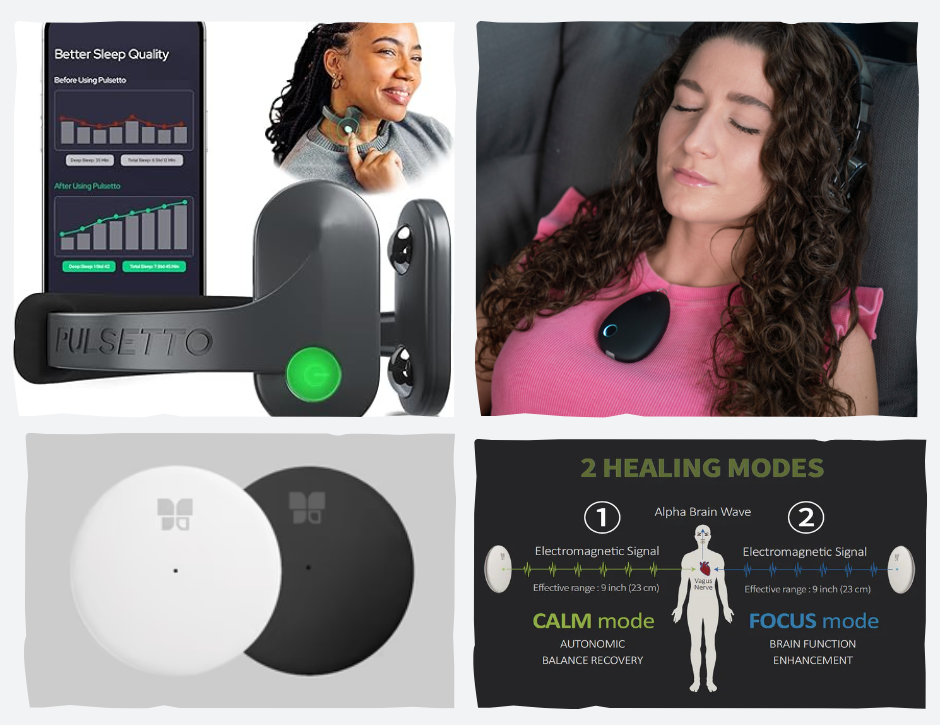A collage shows a sleep quality graph, a woman holding a neck device and another using it whilst lying down, images of...