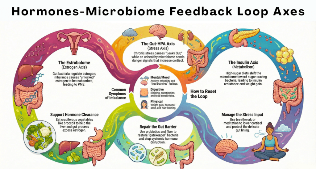 Colourful infographic illustrating feedback loops between hormones and the gut microbiome, highlighting trauma’s impact on the stress (gut-HPA) axis, with explanations, symptoms, EMDR methods, and ways to reset each loop: oestrogen (estrobolome), stress, and insulin.