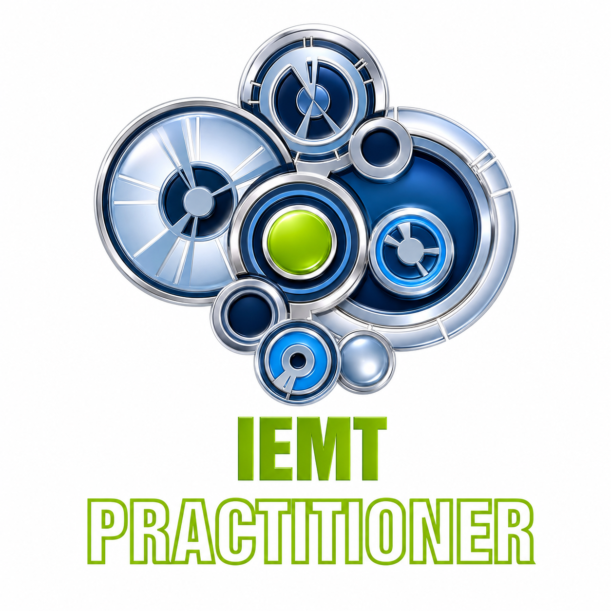 A cluster of metallic blue and silver gears forms a cloud shape above the bold green text IEMT PRACTITIONER on a white background.